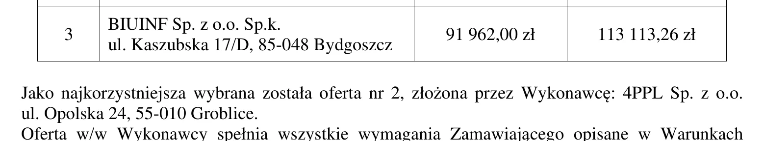 Fragment dokumentu: Jako najkorzystniejsza wybrana została oferta nr 2, złożona przez Wykonawcę: 4PPL Sp. z o.o.