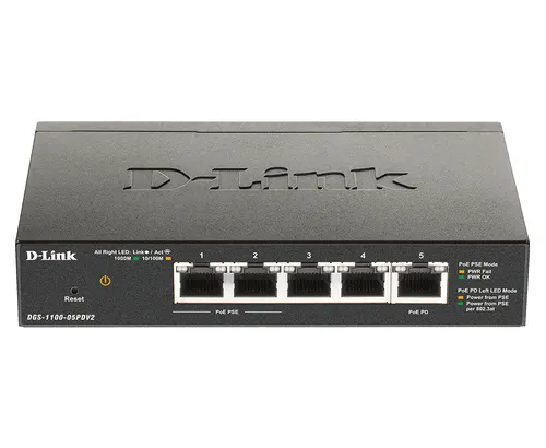 D-Link DGS-1100-05PDV2 przełącznik sieciowy Zarządzany Gigabit Ethernet (10/100/1000) Obsługa PoE Czarny