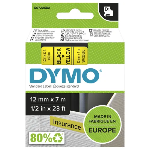 DYMO D1 oryginalne etykiety, czarny nadruk na żółtym, 12 mm x 7 m, samoprzylepne etykiety do drukarek etykiet LabelManager