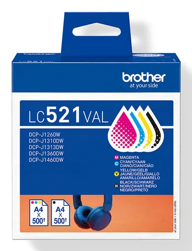 Brother LC521VAL nabój z tuszem 4 szt. Oryginalny Czarny, Cyjan, Purpurowy, Żółty