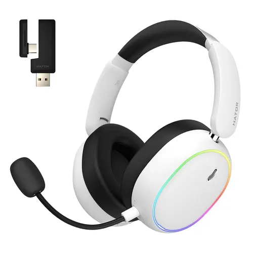 HATOR Phoenix 2 Wireless zestaw słuchawkowy gamingowy, połączenie 2.4 GHz + Bluetooth + USB, Hi-Res Audio, LDAC, THX, Biały