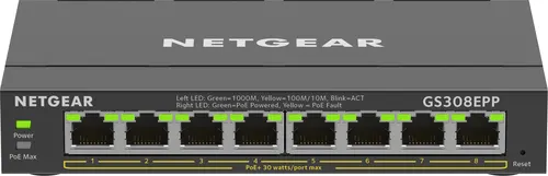 NETGEAR GS308EPP Zarządzany L2/L3 Gigabit Ethernet (10/100/1000) Obsługa PoE Czarny