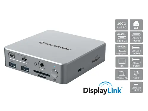Conceptronic DONN25G stacja dokująca Przewodowa USB 3.2 Gen 2 (3.1 Gen 2) Type-C Srebrny