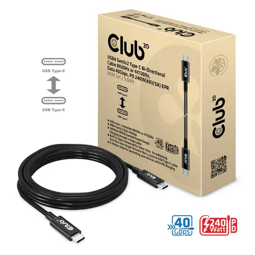 CLUB3D CAC-1579 kabel USB USB4 Gen 3x2 3 m USB C 40 Gbit/s 240 W Czarny