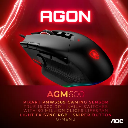 AOC AGON AGM600 myszka Gaming Dla praworęcznych USB Typu-A Optyczny 16000 DPI