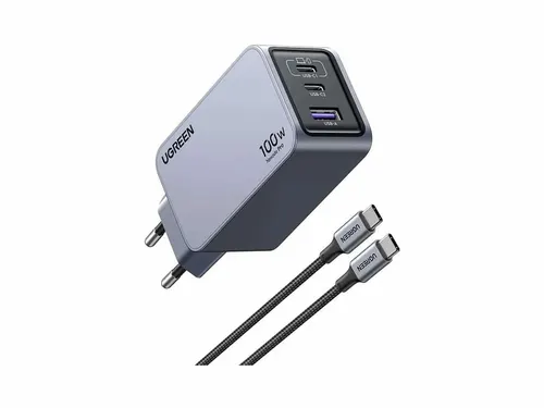 Ugreen Nexode Pro EU 3-Port GaN PD Fast Charger With USB-C Cable Uniwersalne Czarny, Szary Prąd przemienny Szybkie ładowanie Wewnętrzna