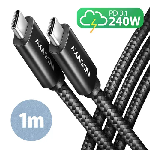 Axagon BUCM2-CM10AB Ladekabel, USB-C zu USB-C 2.0, 1 m, PD 240 W 5 A, ALU - Schwarz - 1 Meter langes USB-C zu USB-C Kabel - Daten- und Ladefähig kabel USB USB 2.0 USB C 0,48 Gbit/s Czarny