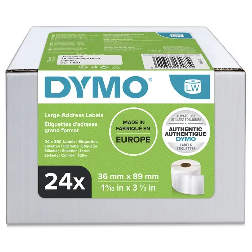 DYMO Oryginalne duże etykiety adresowe LabelWriter, 36 mm x 89 mm, 24 rolki po 260 łatwych do odklejenia etykiet (6240 etykiet), Samoprzylepne, Do drukarek etykiet LabelWriter