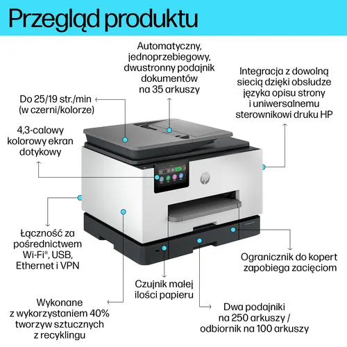HP OfficeJet Pro 9130b Bezprzewodowe All-in-One W kolorze Drukarka, Drukowanie dwustronne; Kopiowanie, skanowanie