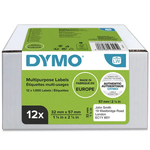 DYMO Oryginalne etykiety uniwersalne LabelWriter, 32 mm x 57 mm, 12 rolek po 1000 łatwych do odklejenia etykiet (12 000 sztuk), Samoprzylepne, Do drukarek etykiet LabelWriter