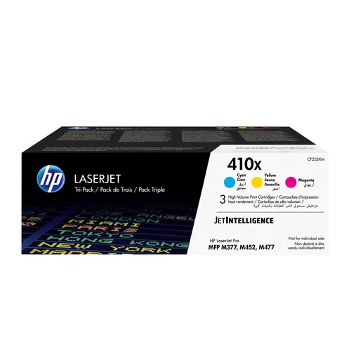 HP 410X – zestaw 3 oryginalnych wkładów z tonerem LaserJet XL, błękitny/purpurowy/żółty