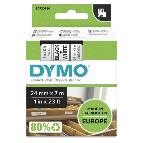 DYMO D1 oryginalne etykiety, czarny nadruk na białym, 24 mm x 7 m, samoprzylepne etykiety do drukarek etykiet LabelManager
