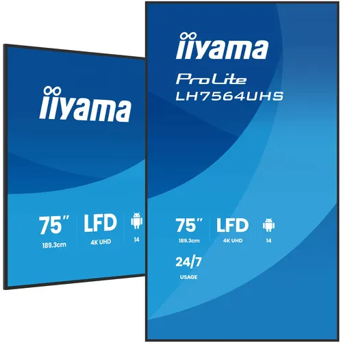 iiyama LH7564UHS-B1AG signage display Płaski panel Digital Signage 190,5 cm (75") Wi-Fi 500 cd/m² 4K Ultra HD Czarny Procesor wbudowany Android 24/7