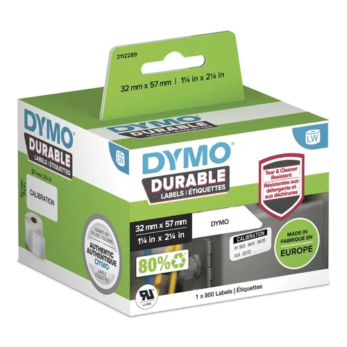 DYMO Wytrzymałe oryginalne etykiety LabelWriter Durable, 57 mm x 32 mm, White Poly, 800 etykiet samoprzylepnych, Wysoka wydajność, Do drukarek etykiet LabelWriter