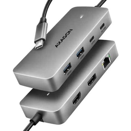 Axagon HUB USB HMC-CUB83X2, USB 10Gbps hub, 2x USB-A, USB-C, HDMI & DP 4k/144Hz, RJ-45 GLAN, PD 100W, kabel USB-C 15cm Przewodowa USB 3.2 Gen 2 (3.1 Gen 2) Type-C Szary