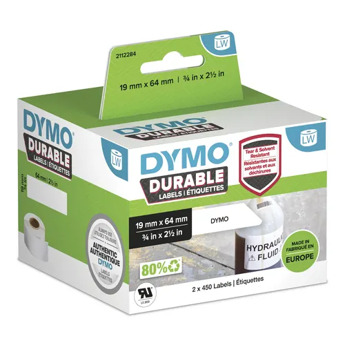 DYMO Wytrzymałe etykiety przemysłowe LabelWriter, 19 mm x 64 mm, White Poly, 2 rolki po 450 szt. (900 etykiet samoprzylepnych), Oryginalne, Do drukarek etykiet LabelWriter