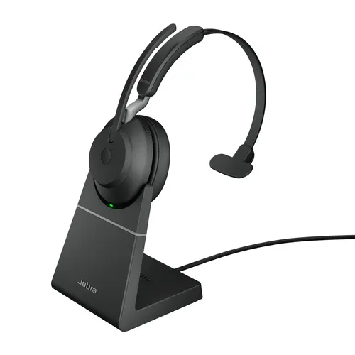 Jabra Evolve2 65 Zestaw słuchawkowy Bezprzewodowy Opaska na głowę Biuro/centrum telefoniczne USB Typu-A Bluetooth Podstawka do ładowania Czarny, UC, mono, USB-A, z podstawką ładującą