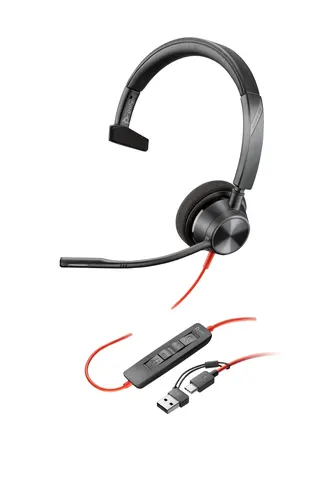 HP Poly Jednouszny zestaw słuchawkowy Poly Blackwire 3310 USB-C + przejściówka USB-C/A