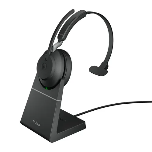 Jabra Evolve2 65 Zestaw słuchawkowy Bezprzewodowy Opaska na głowę Biuro/centrum telefoniczne USB Typu-A Bluetooth Podstawka do ładowania Czarny, Microsoft Teams, mono