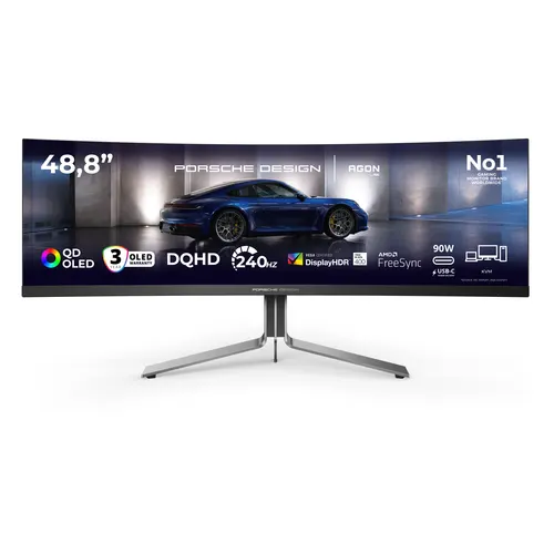 AOC Porsche PD49 monitor komputerowy 124,5 cm (49") 5120 x 1440 px DQHD QD-OLED Czarny, Srebrny