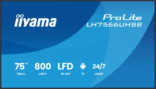 iiyama LH7566UHSB-B1AG signage display Płaski panel Digital Signage 190,5 cm (75") LCD Wi-Fi 800 cd/m² 4K Ultra HD Czarny Procesor wbudowany Android 24/7