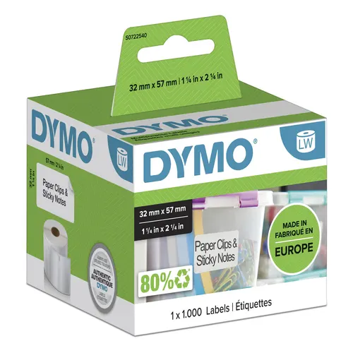 DYMO Oryginalne duże etykiety uniwersalne LabelWriter, 57 mm x 32 mm, Samoprzylepne, 1000 sztuk na rolce, Łatwe do odklejania z rolki, Do drukarek etykiet LabelWriter, Wyprodukowano w Europie