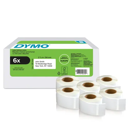 DYMO Oryginalne etykiety z adresem zwrotnym LabelWriter, 25 mm x 54 mm, Samoprzylepne, 6 rolek po 500 etykiet Easy-Peel (3000 sztuk), do drukarek etykiet LabelWriter, Wyprodukowano w Europie