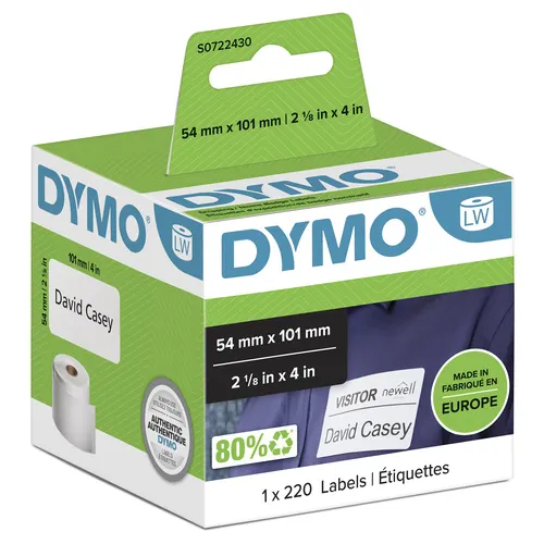 DYMO Oryginalne duże etykiety transportowe/identyfikacyjne LabelWriter, 54 mm x 101 mm, Samoprzylepne, 220 łatwych do odklejenia etykiet na rolce, Do drukarek etykiet LabelWriter