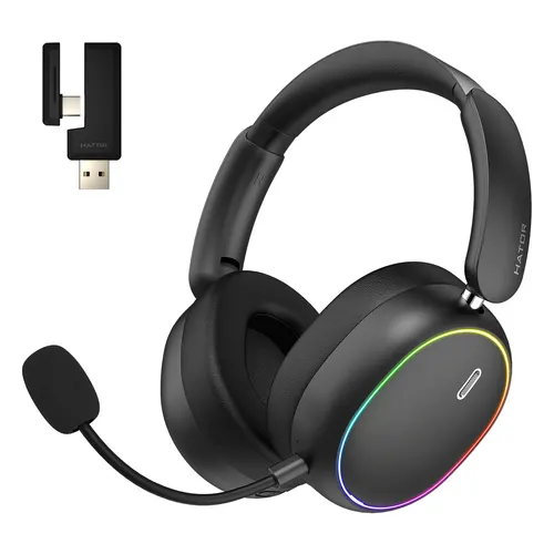 HATOR Phoenix 2 Wireless zestaw słuchawkowy gamingowy, połączenie 2.4 GHz + Bluetooth + USB, Hi-Res Audio, LDAC, THX, Czarny