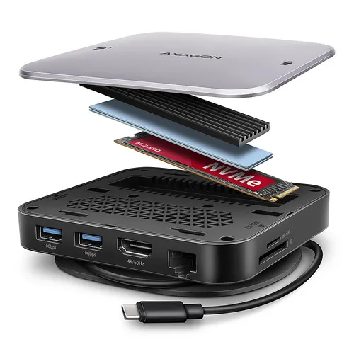 Axagon HMC-UFO USB-C Hub M.2 SATA/NVMe 1 Gbit/s Ethernet 384 kHz Audio Przewodowa USB 3.2 Gen 2 (3.1 Gen 2) Type-C Czarny