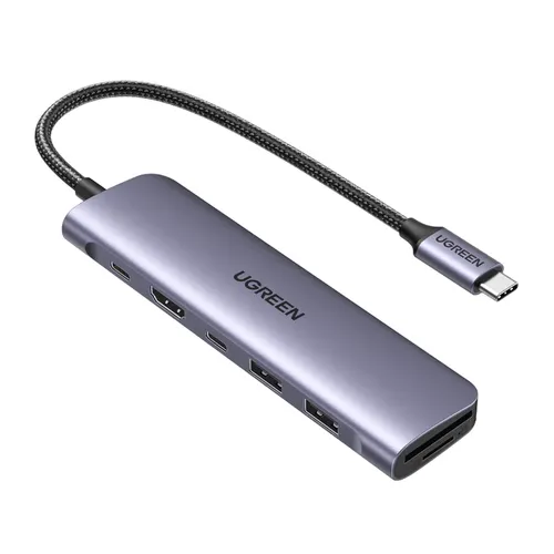 Adapter Ugreen CM195 6w1 USB-C - HDMI / 2x USB-A 3.0 / USB-C PD / czytnik SD / TF - szary