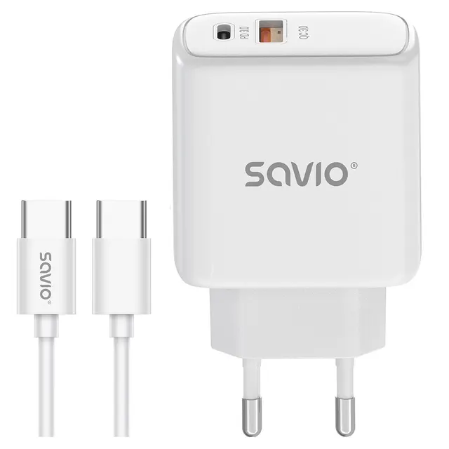 Ładowarka sieciowa 20W SAVIO LA-13 + Kabel Quick Charge Power Delivery 3.0 Biała