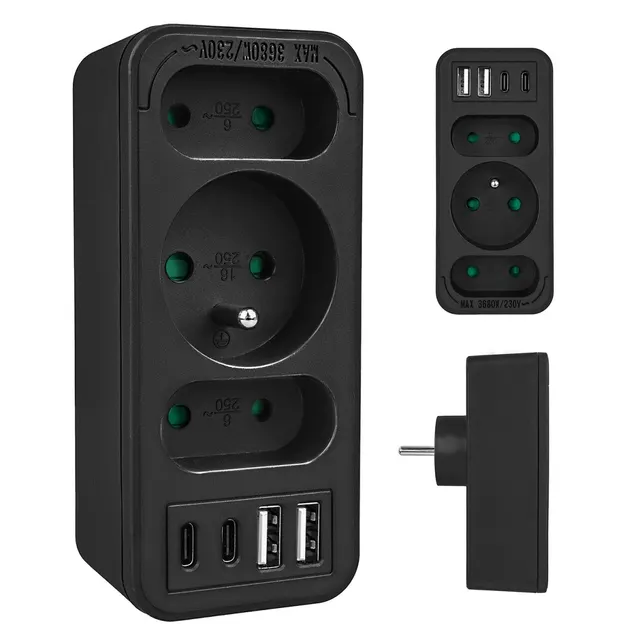 Gniazdko prądowe x3 + 4xUSB Maclean MCE248 F/B, rozgałęźnik z 3 gniazdami, 2xUSB A, 2xUSB C PD 20W, 1x16A + 2x6A