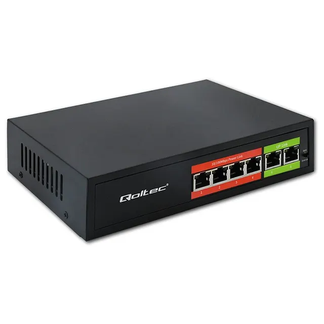 Switch niezarządzalny Qoltec przełącznik sieciowy Fast Ethernet PoE, 4x RJ45, 2x RJ45 Uplink, 65W, 10/100Mb/s