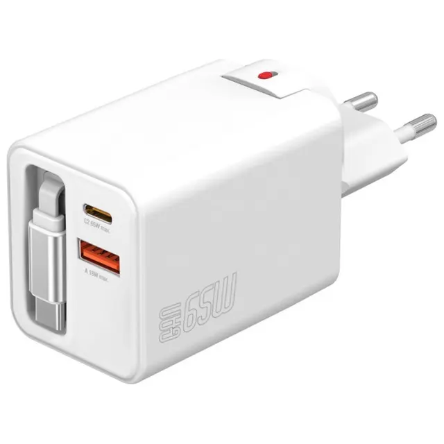 Ładowarka sieciowa Flex Jojo 65W GaN 2xUSB-C + USB-A Biała rozwijany wbudowany kabel