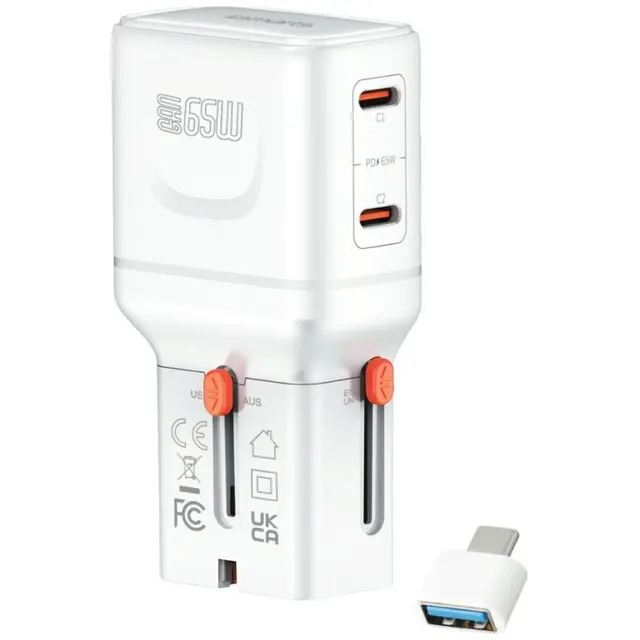 Ładowarka podróżna World Travel 65W USB-C + USB-A Biała