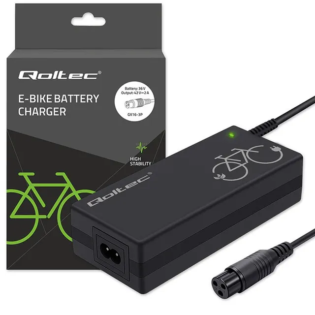 Ładowarka Qoltec do roweru elektrycznego 36V, 42V, 2A, 3P-GX16 +kabel zasilający