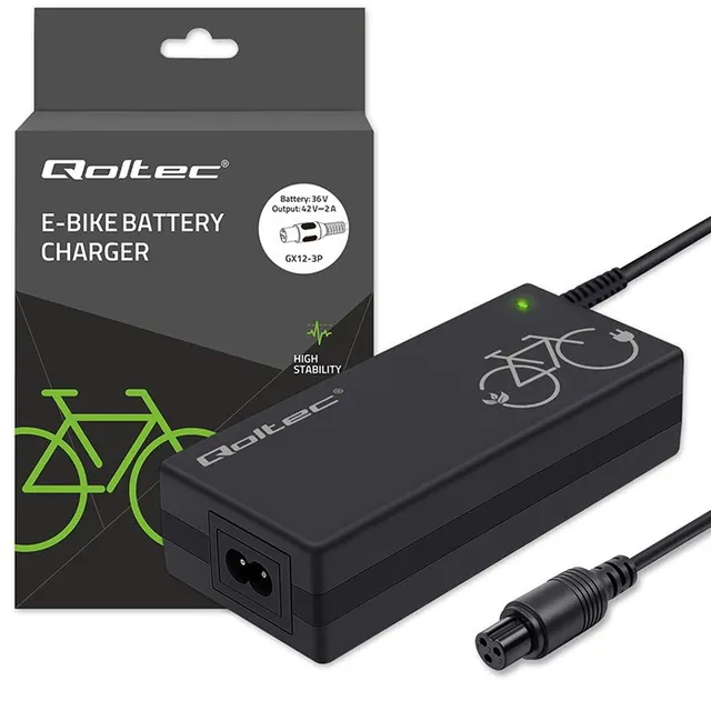 Ładowarka Qoltec do roweru elektrycznego 36V, 42V, 2A, GX12-3Pin +kabel zasilający