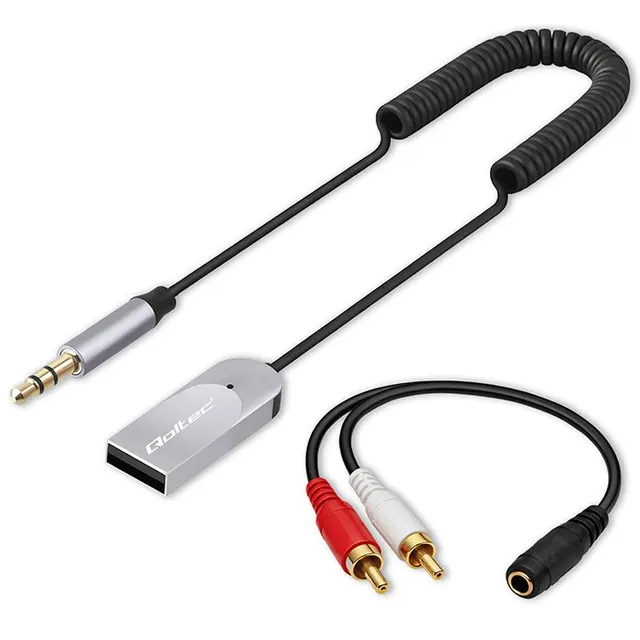 Adapter Qoltec bezprzewodowy odbiornik dźwięku Audio HiFu Home&Car, Bluetooth 6.0, 2 x RCA, 1 x AUX MiniJack 3.5mm, USB, Mikrofon