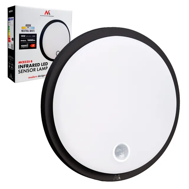 Lampa LED z czujnikiem ruchu Maclean MCE525 B, czujnik PIR, kolor czarny, 10W, IP65, 1000lm, barwa neutralna