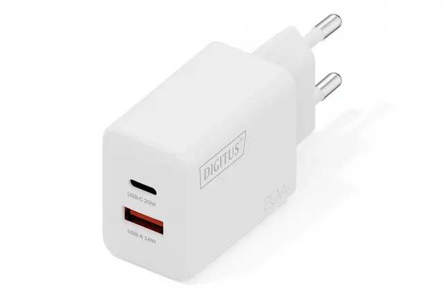 Ładowarka sieciowa DIGITUS 20W, 1x USB-C, 1x USB-A, PD 3.0, QC 3.0, biała