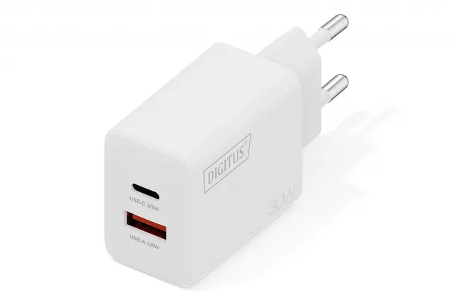 Ładowarka sieciowa DIGITUS GaN II 30W, 1x USB-C, 1x USB-A, PD 3.0, QC 3.0, biała