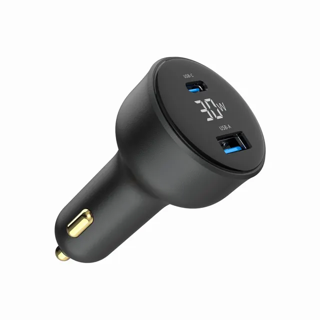 Szybka ładowarka samochodowa 2xUSB-A+C, Type-C (PD), LCD, 30W, czarna