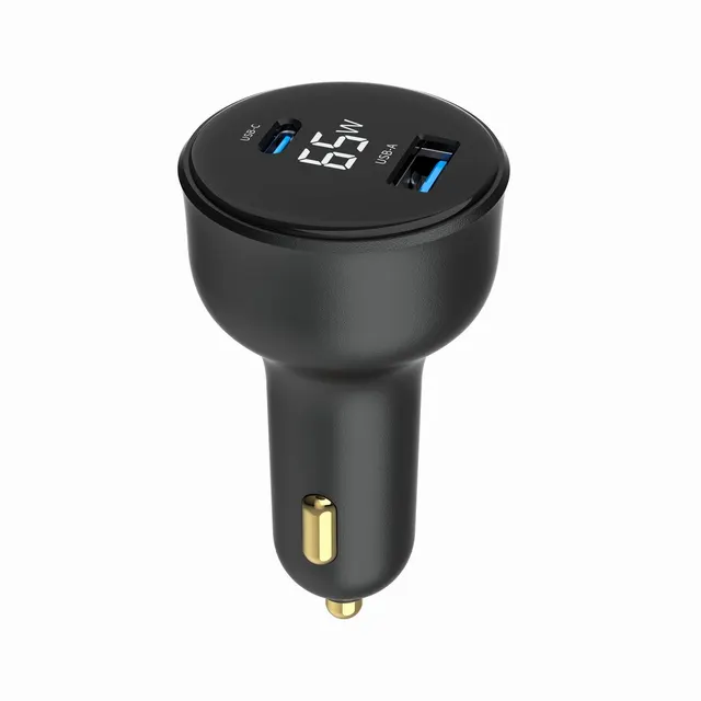 Szybka ładowarka samochodowa 2xUSB-A+C, Type-C (PD), LCD, 65W, czarna