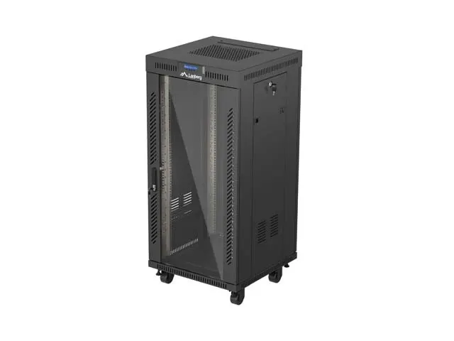 Szafa instalacyjna Rack Lanberg stojąca 19" 24U 600x600 czarna drzwi przeszklone LCD (flat pack) V2