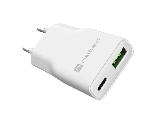 Ładowarka sieciowa, Ładowarka do laptopów Natec Ribera Gan Slim 1x USB-A + 1x USB-C 20W biała