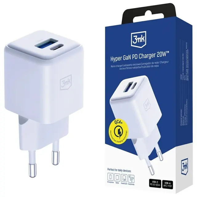 Ładowarka sieciowa 3mk Hyper GaN Charger 20W QC4+ PD PPS USB-C USB-A White
