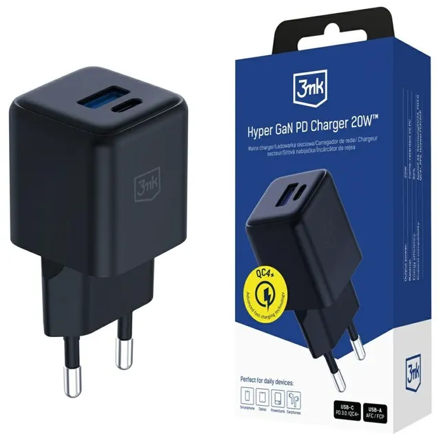 Ładowarka sieciowa 3mk Hyper GaN Charger 20W QC4+ PD PPS USB-C USB-A Black