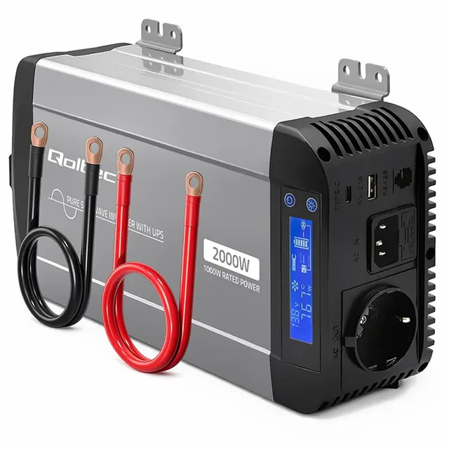 Przetwornica napięcia Qoltec Pure Sine Wave, 12V na 230V, 1000/2000W, UPS BYPASS
