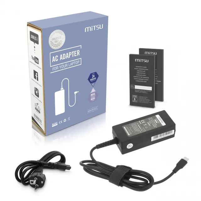 Zasilacz sieciowy Mitsu 45W USB-C, USBC, 5-20V, 2-3A (black) do notebooka (ZM/USBC45WB-2)